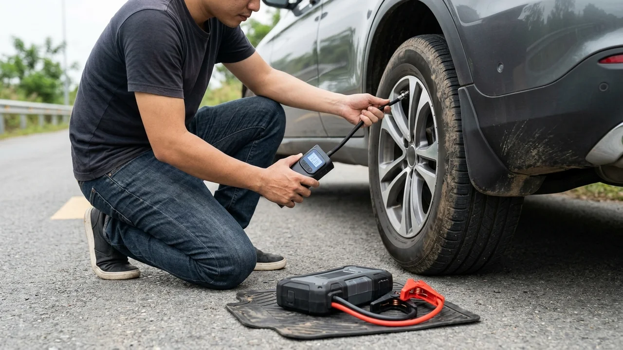 Bộ đôi bơm lốp mini tự ngắt và kích bình ắc quy dự phòng an toàn