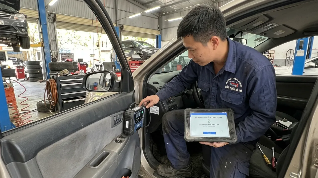 Kỹ thuật viên đối chiếu số serial và kích hoạt bảo hành điện tử chính hãng